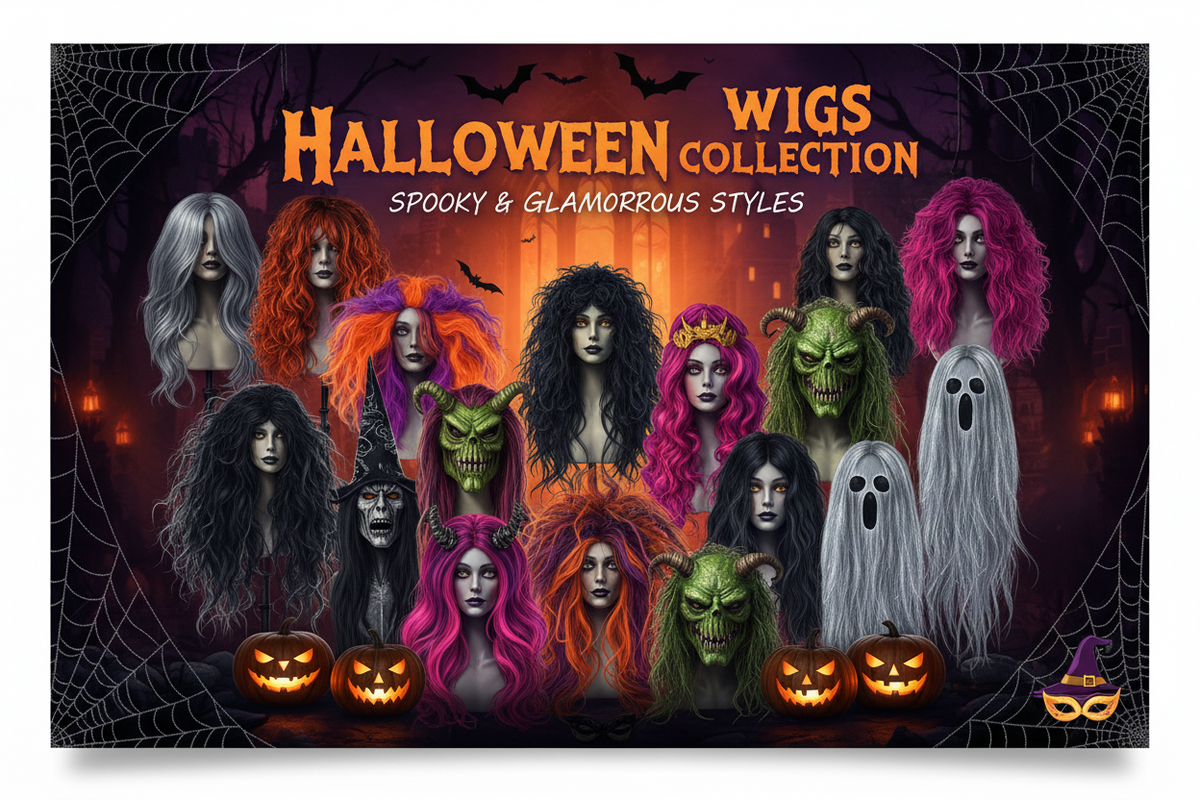 Halloween wigs collection including witch, vampire and colourful costume wigs in London