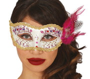 WHITE WITH PINK FEATHER MASK