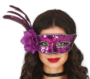 PURPLE SEQUINED MASK WITH FEATHER