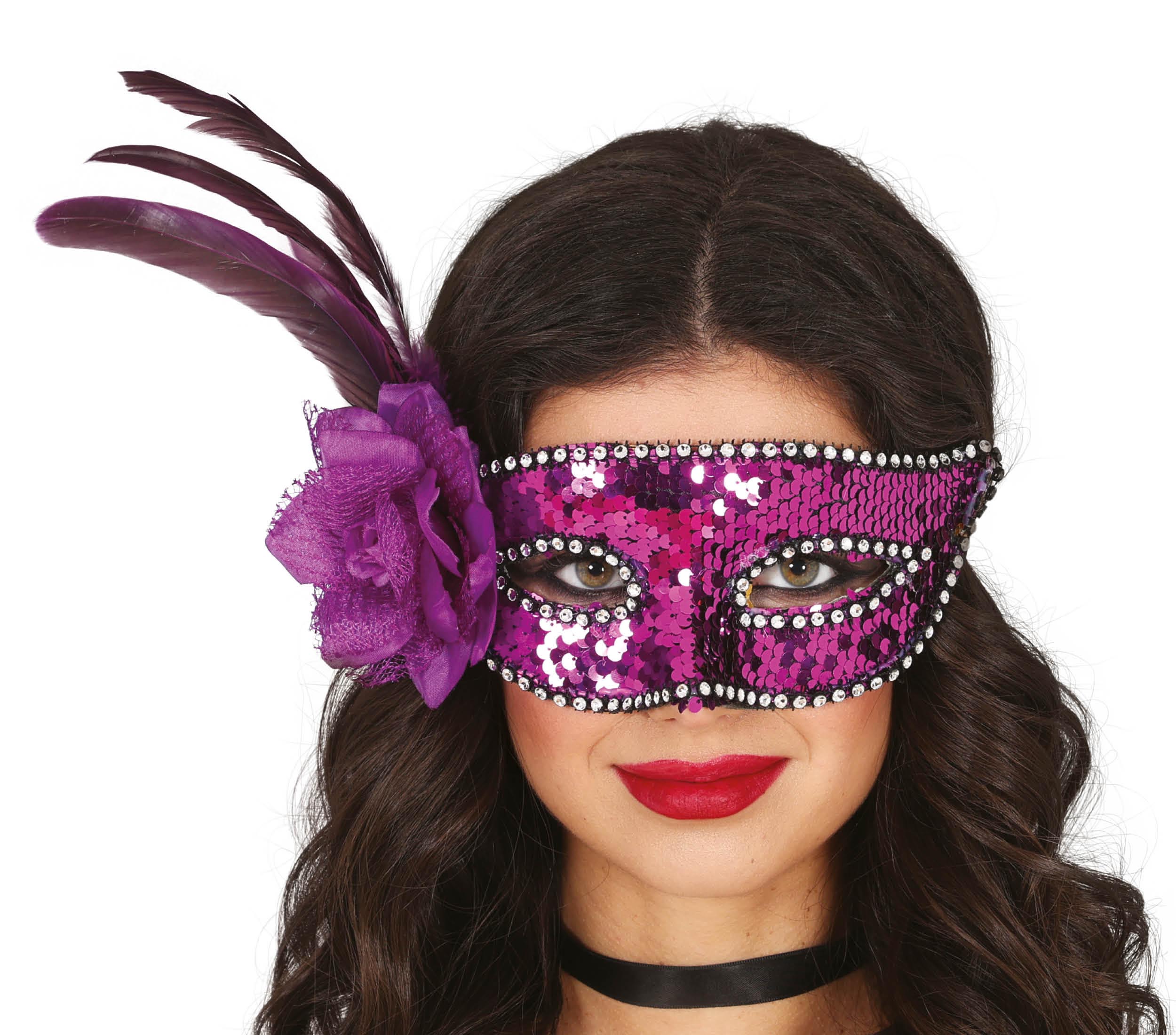 PURPLE SEQUINED MASK WITH FEATHER