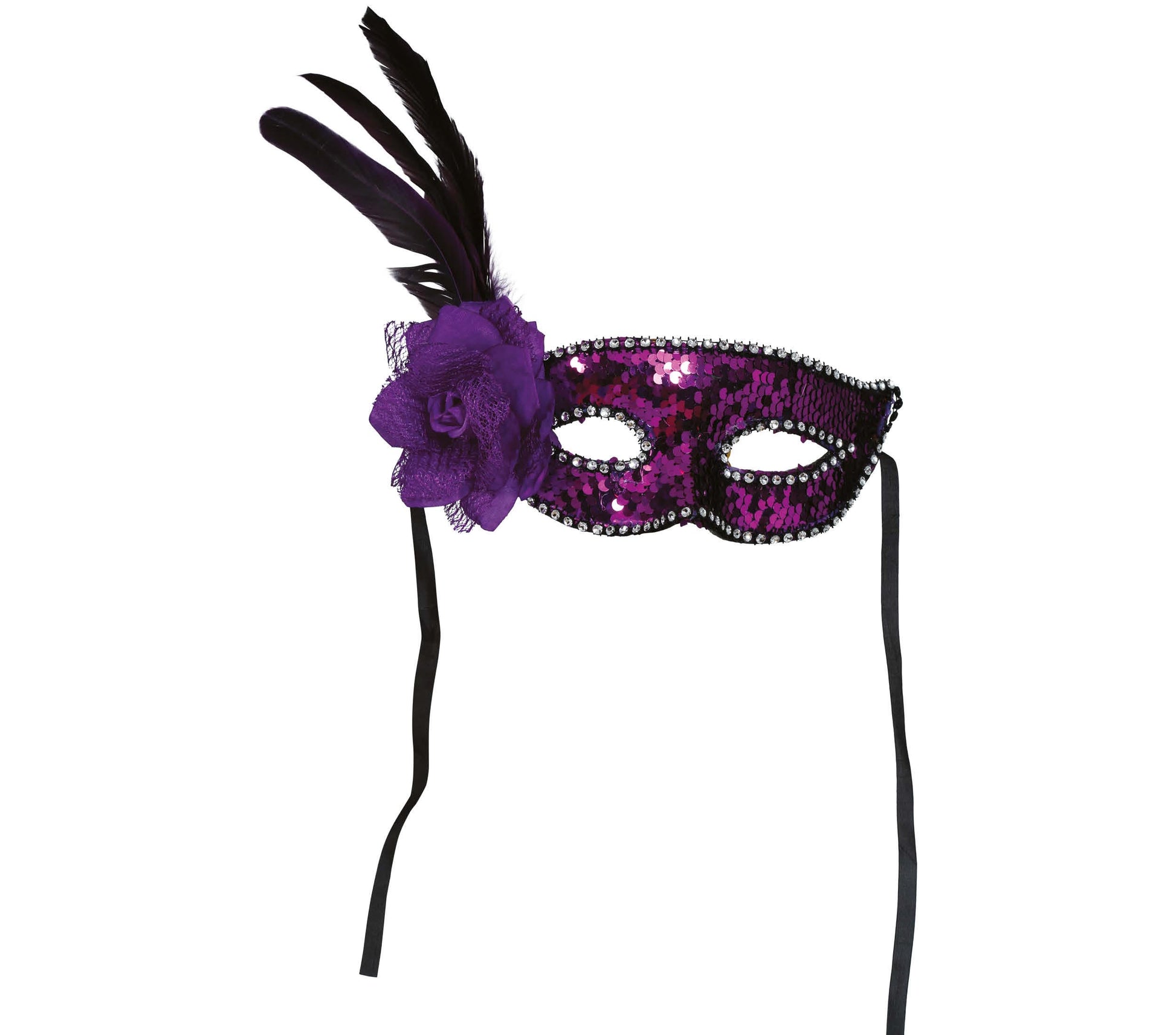PURPLE SEQUINED MASK WITH FEATHER
