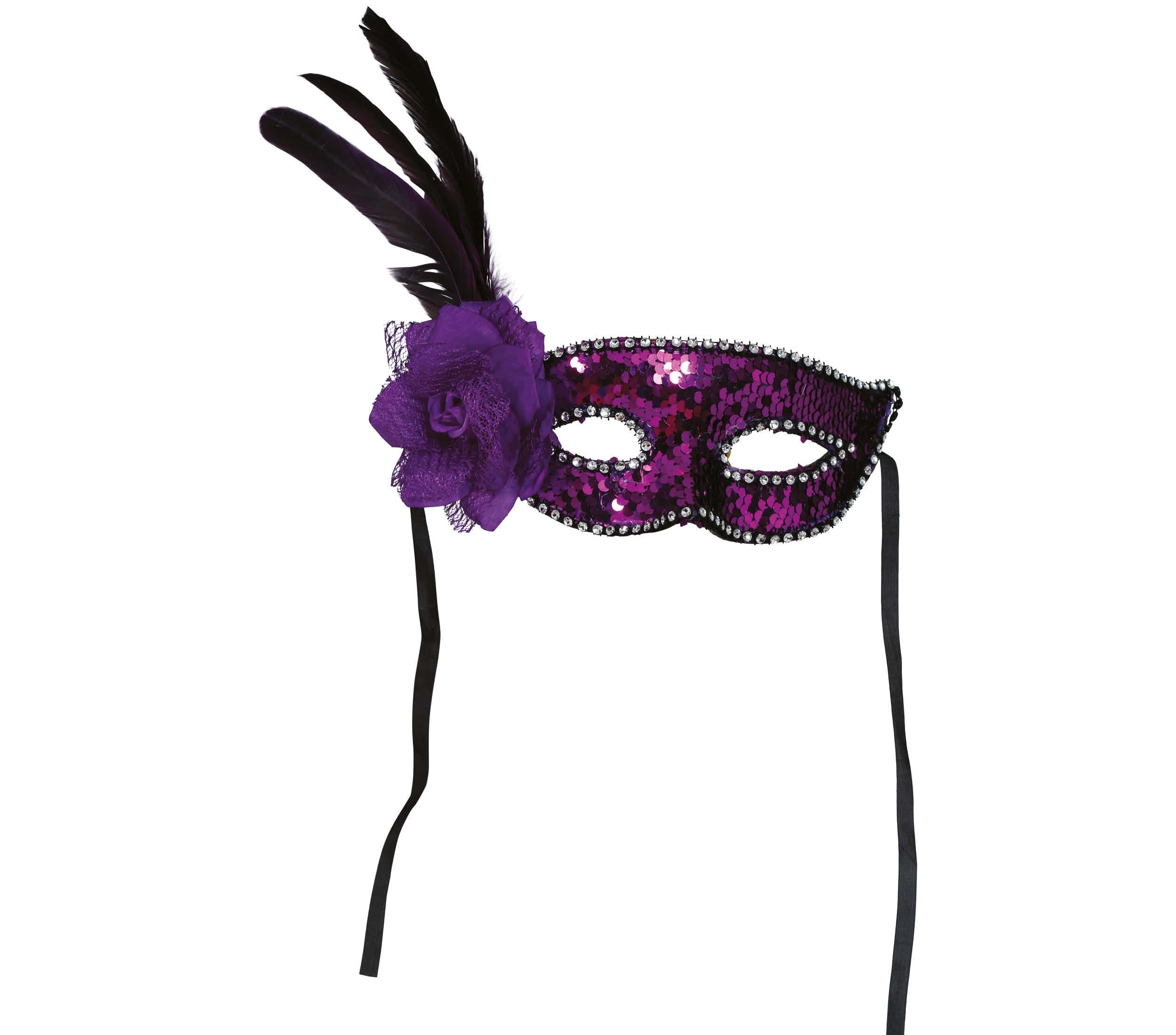 PURPLE SEQUINED MASK WITH FEATHER