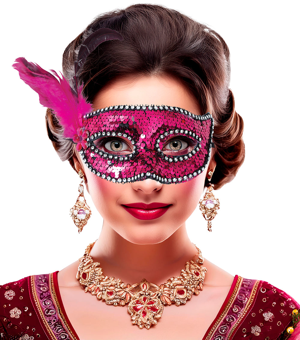 PINK SEQUIN AND FEATHER MASK, ADULT