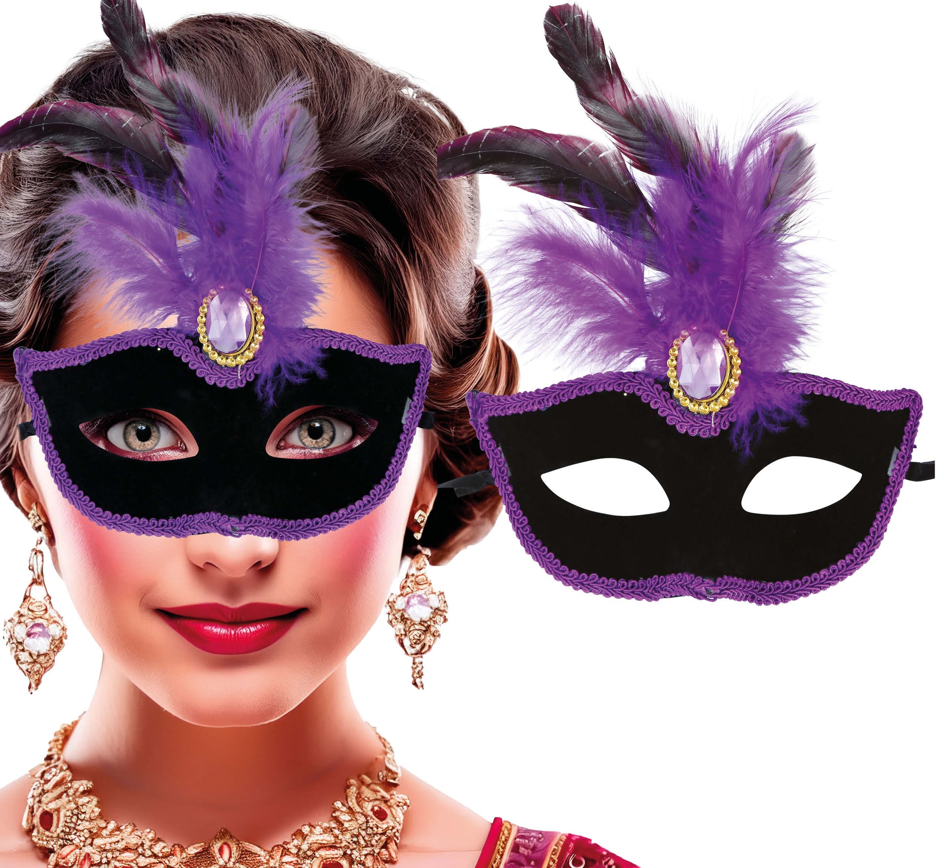BLACK MASK WITH LILAC FEATHERS, ADULT