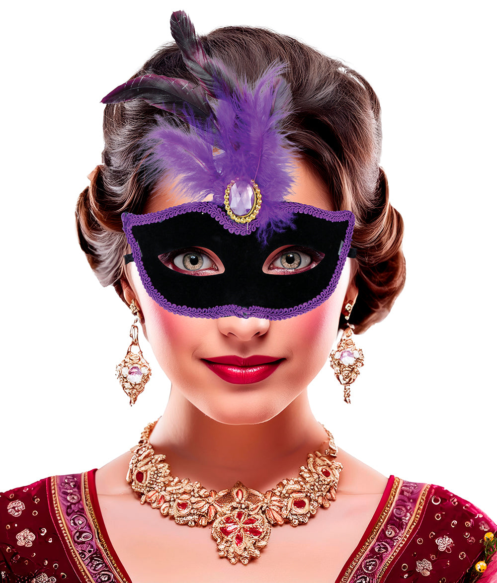 BLACK MASK WITH LILAC FEATHERS, ADULT