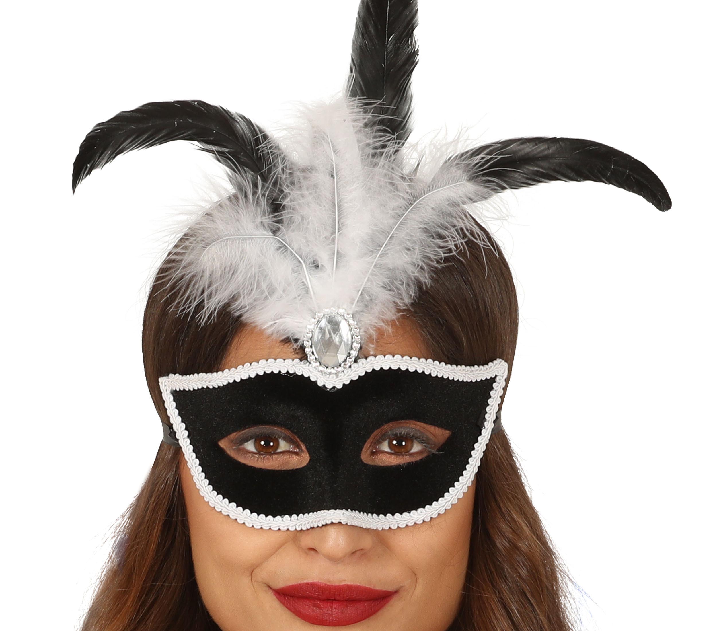 BLACK VELVET MASK WITH WHITE FEATHERS