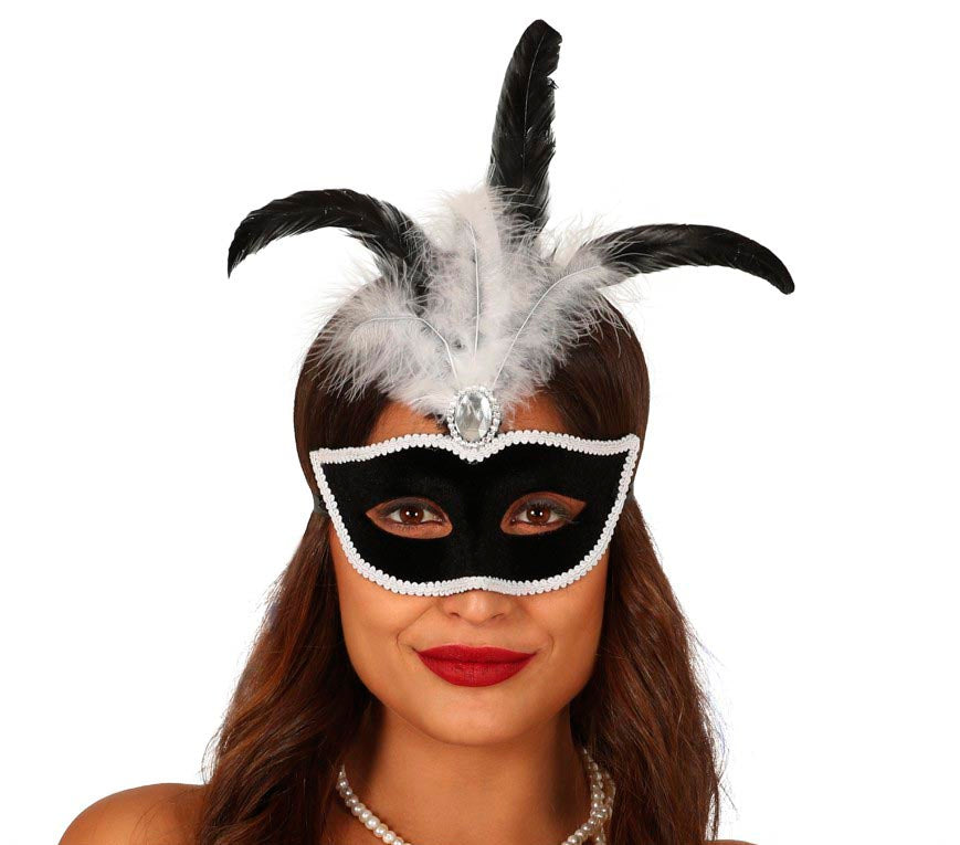 BLACK VELVET MASK WITH WHITE FEATHERS