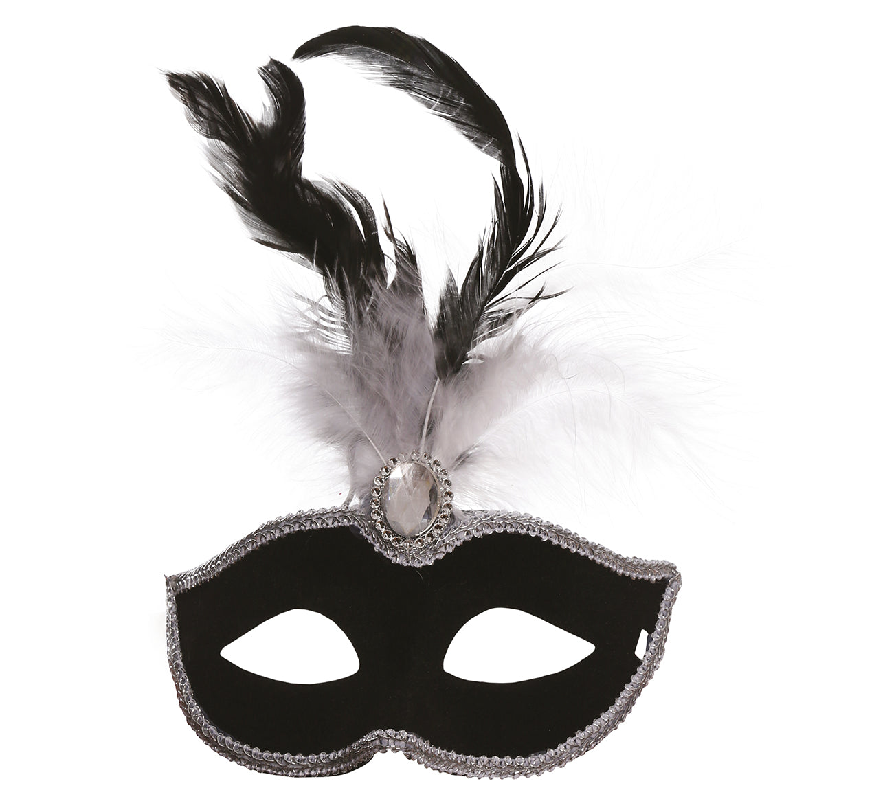 BLACK VELVET MASK WITH WHITE FEATHERS