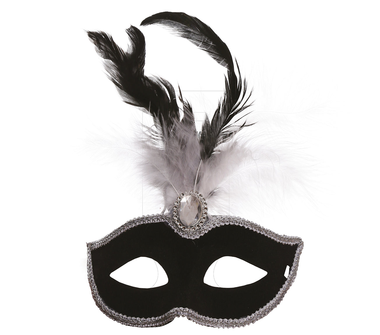BLACK VELVET MASK WITH WHITE FEATHERS