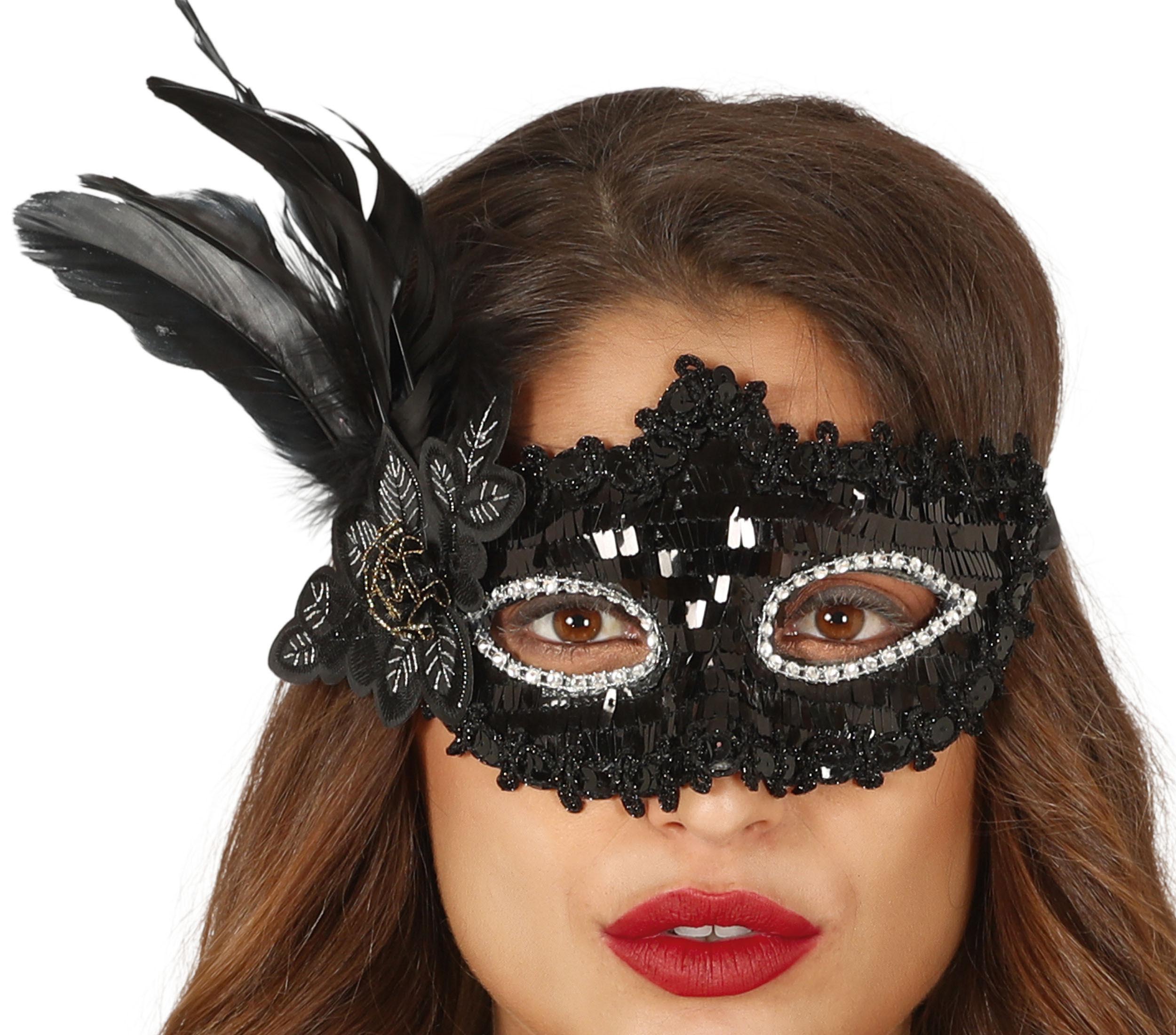 BLACK MASK WITH FLOWER AND FEATHER