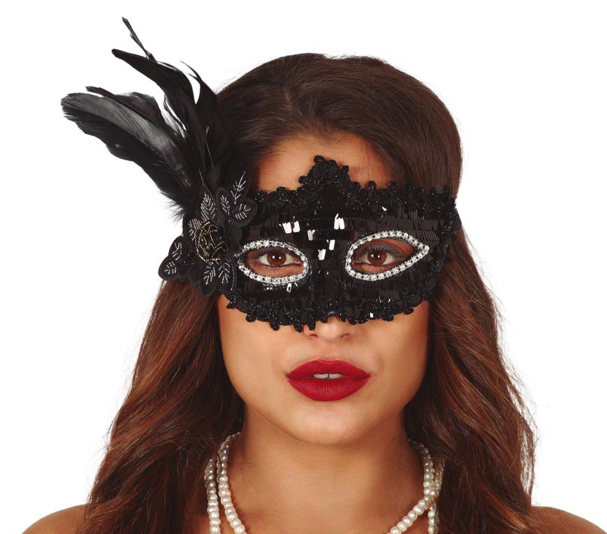BLACK MASK WITH FLOWER AND FEATHER