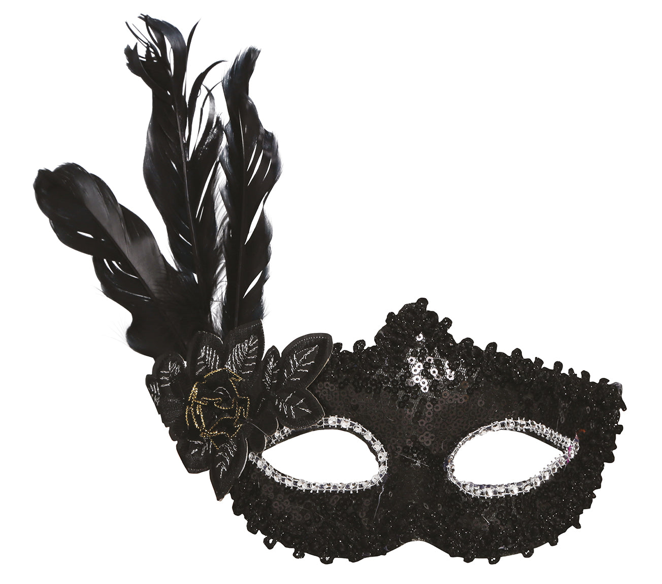 BLACK MASK WITH FLOWER AND FEATHER