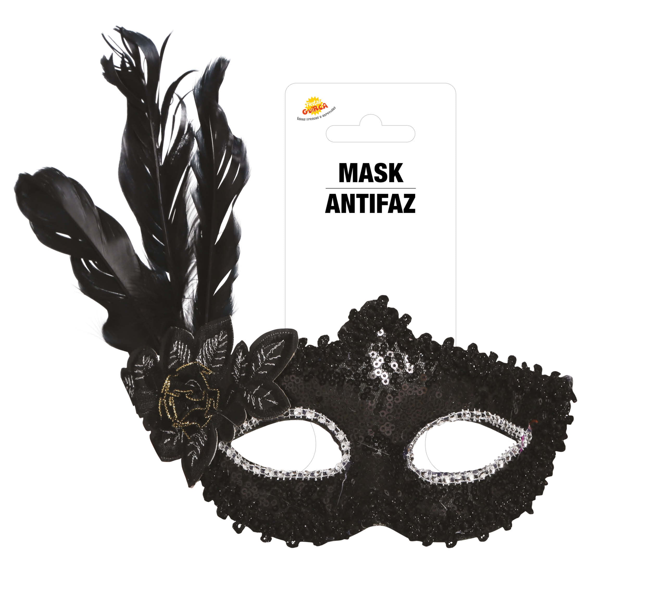 BLACK MASK WITH FLOWER AND FEATHER