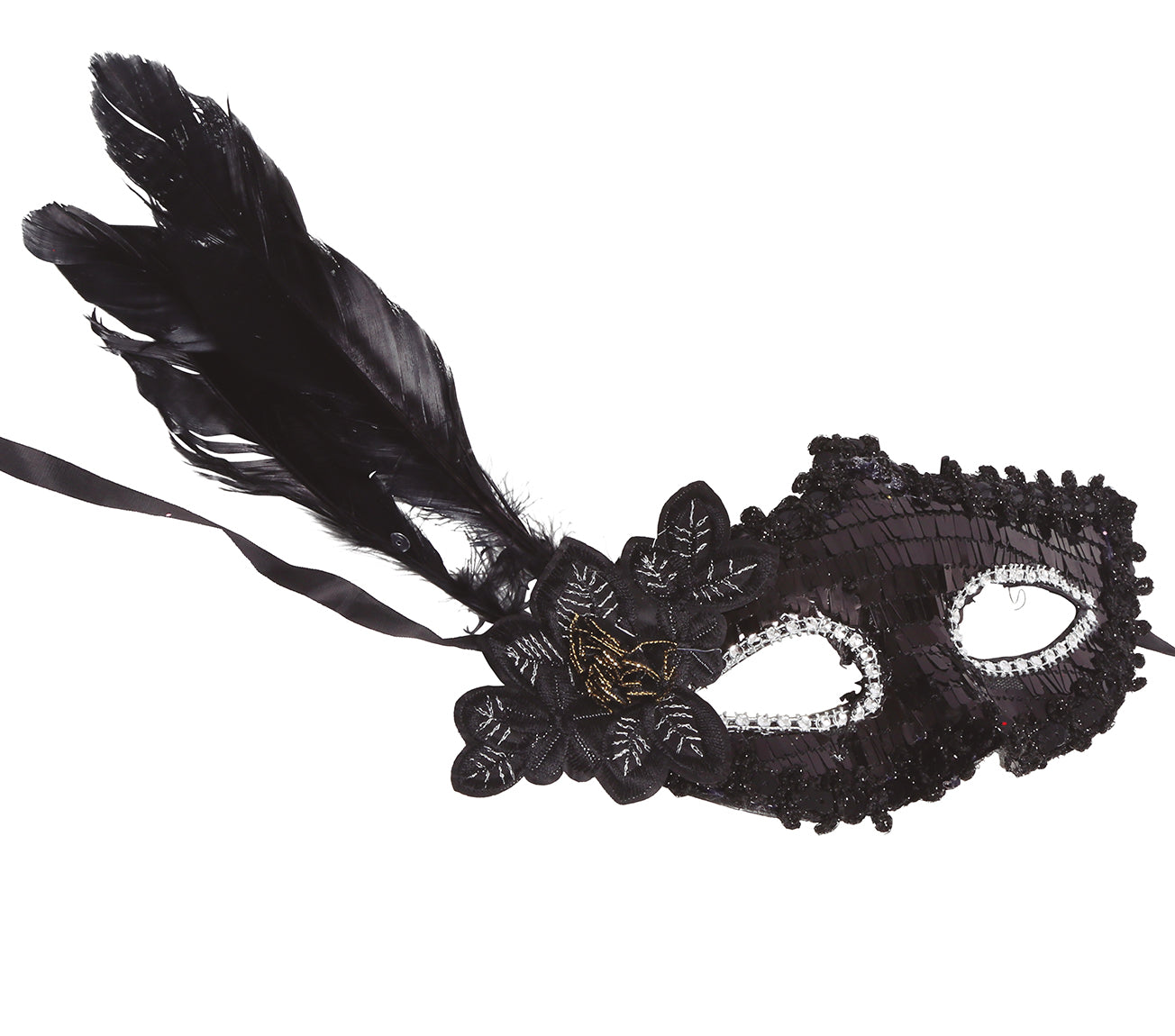 BLACK MASK WITH FLOWER AND FEATHER