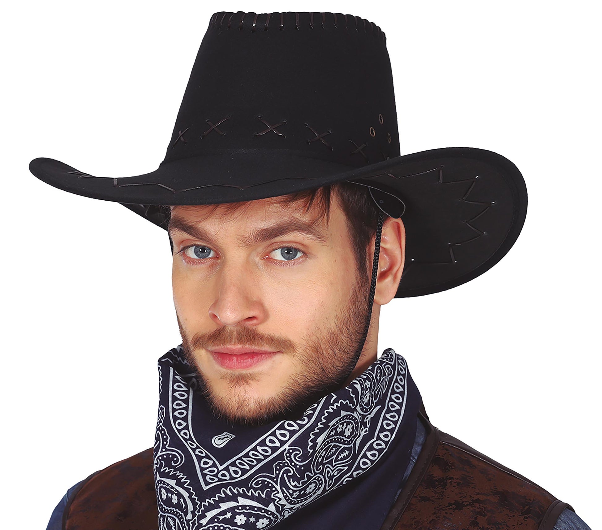 BLACK SYNTHETIC LEATHER COWBOY HAT