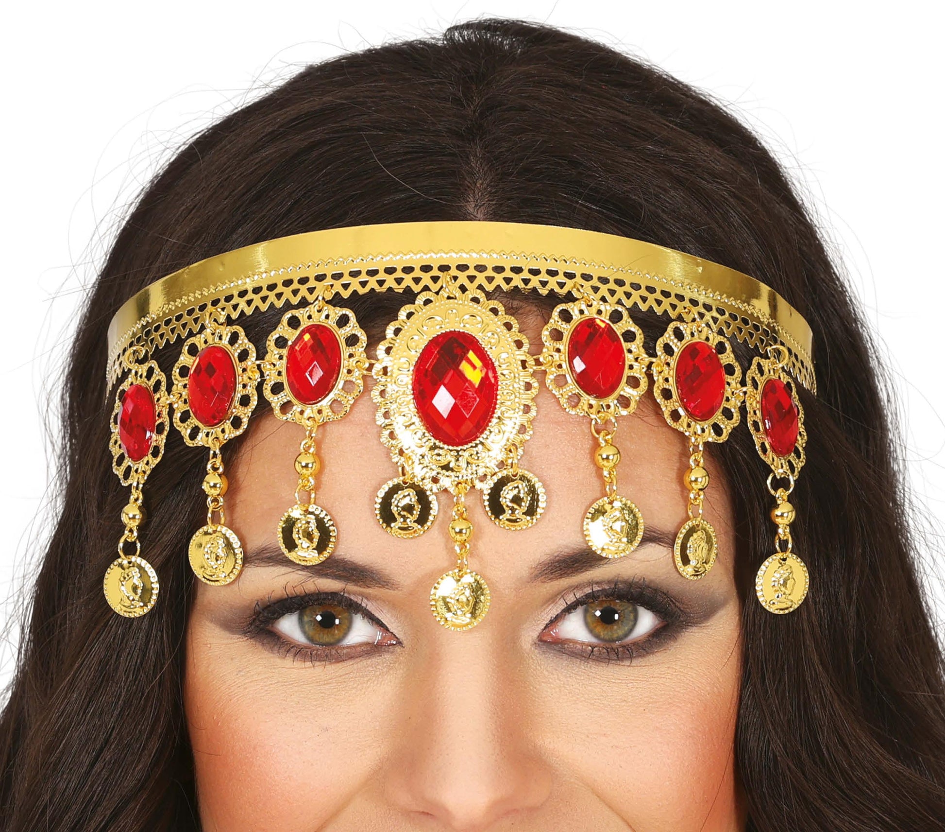 GOLD HEADPIECE WITH RED STONES, METAL