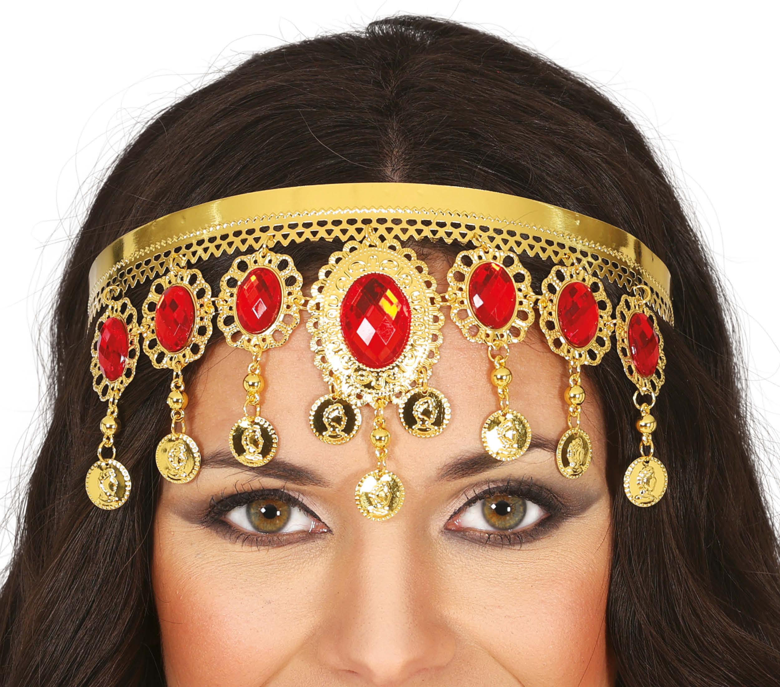 GOLD HEADPIECE WITH RED STONES, METAL