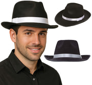 BLACK GANGSTER HAT WITH WHITE RIBBON