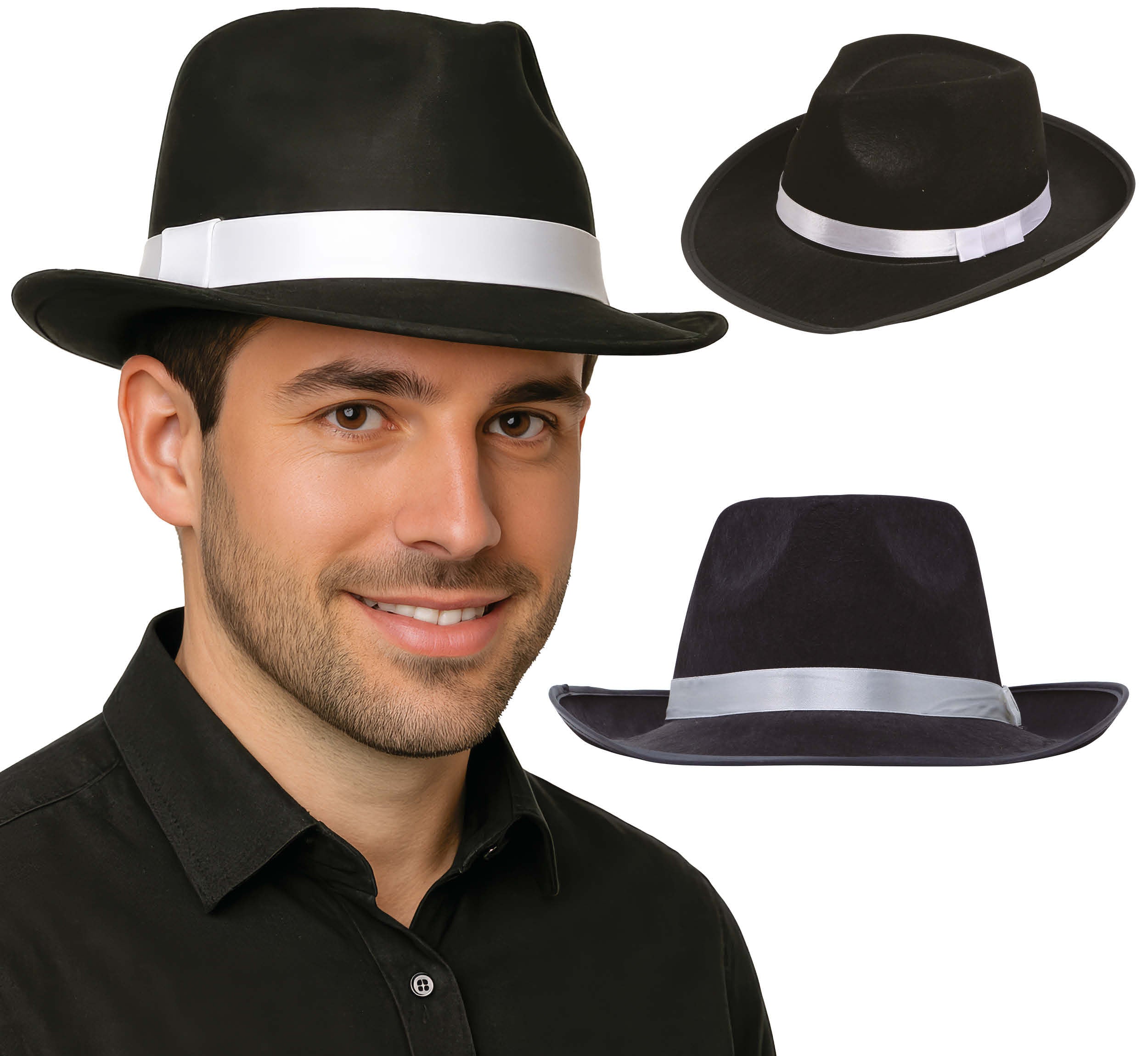 BLACK GANGSTER HAT WITH WHITE RIBBON