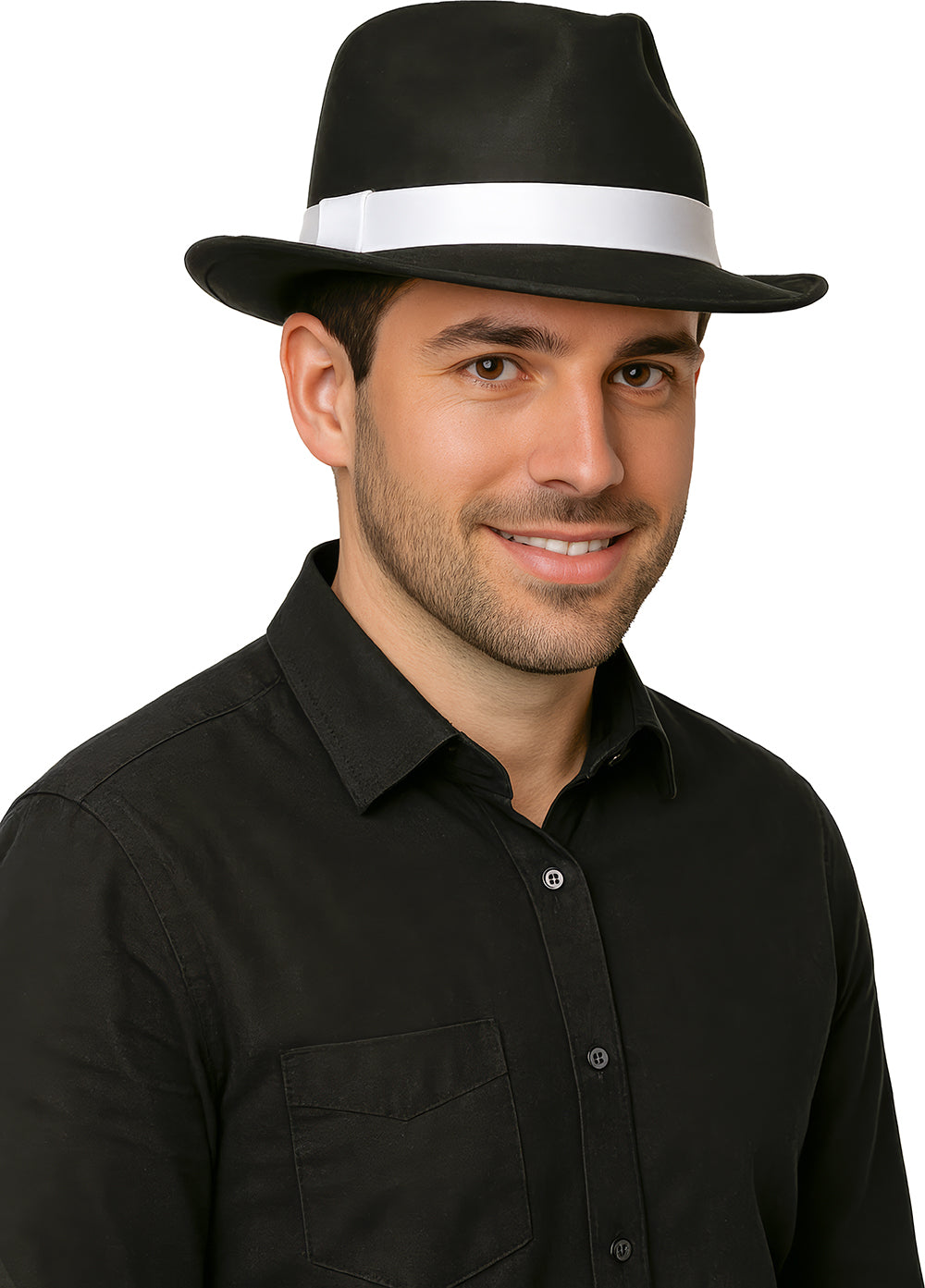 BLACK GANGSTER HAT WITH WHITE RIBBON