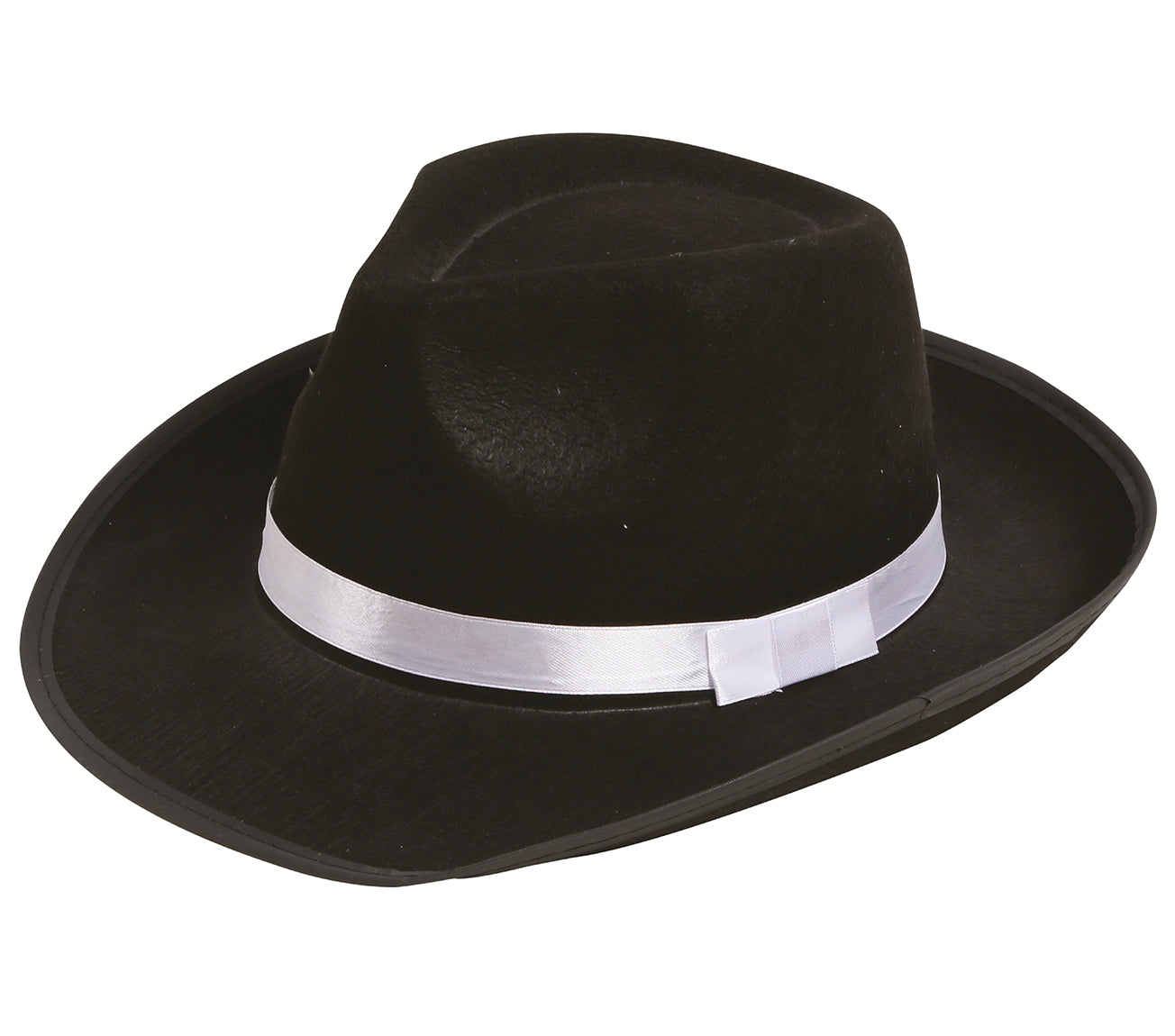 BLACK GANGSTER HAT WITH WHITE RIBBON