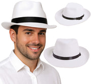 WHITE GANGSTER HAT WITH BLACK RIBBON