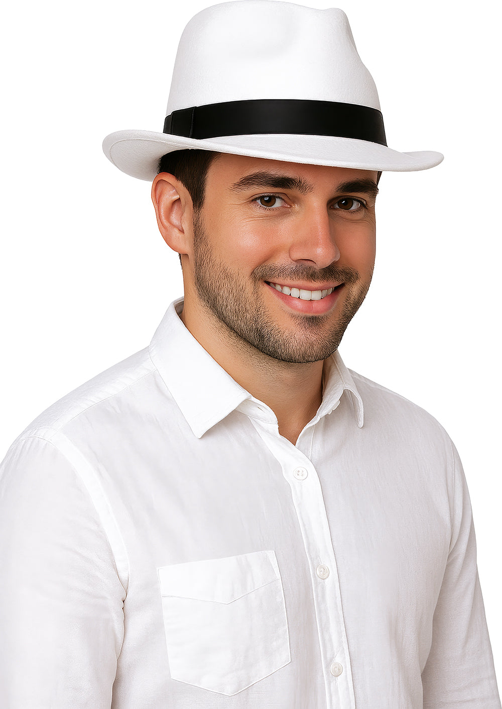 WHITE GANGSTER HAT WITH BLACK RIBBON