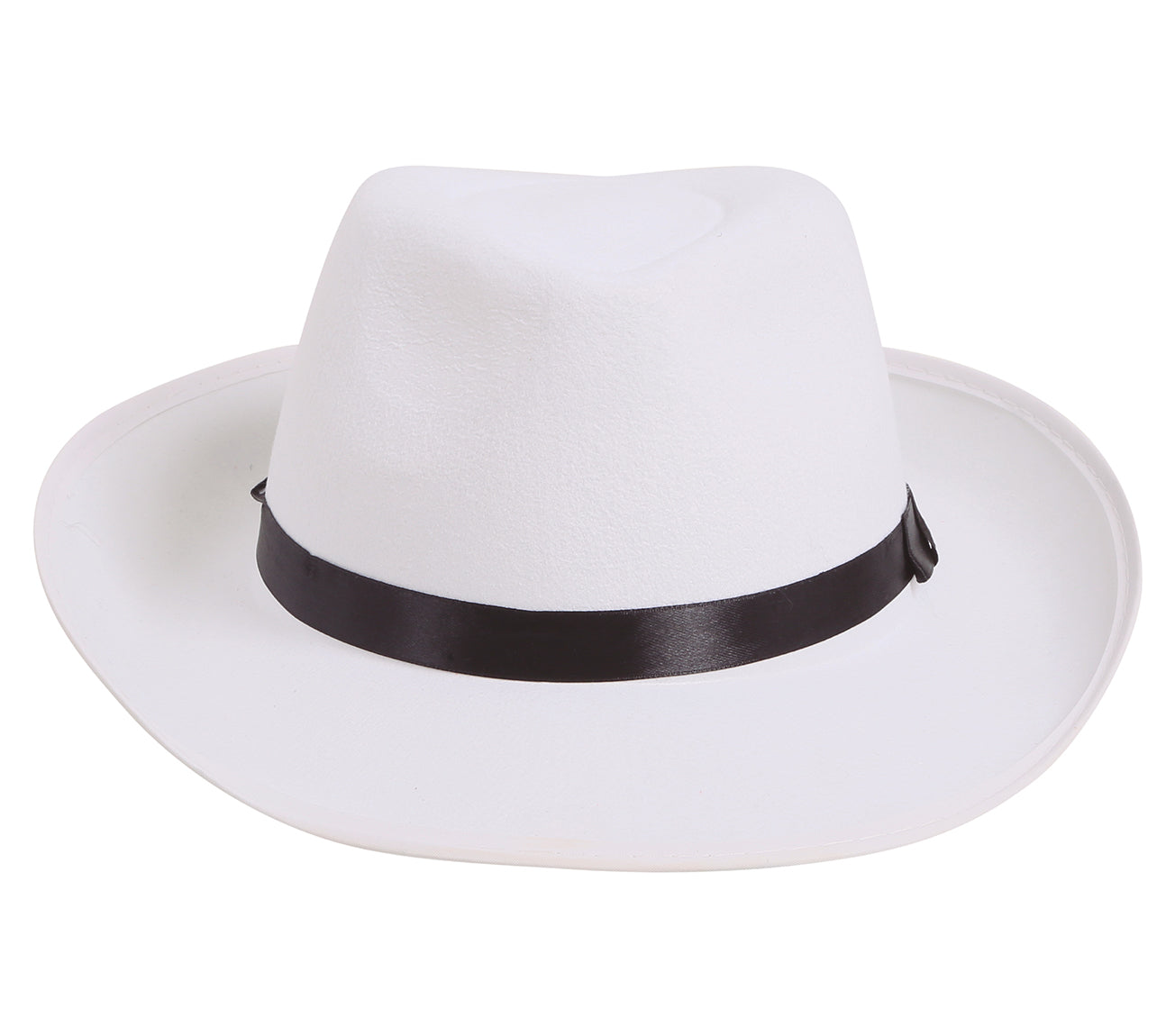 WHITE GANGSTER HAT WITH BLACK RIBBON