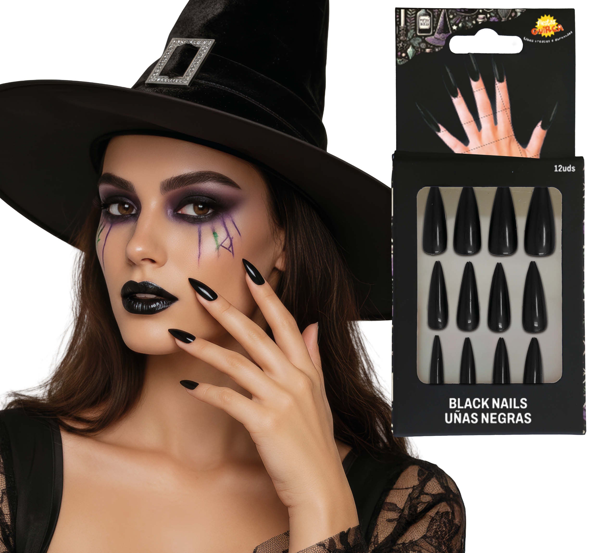 12 BLACK NAILS WITH ADHESIVE