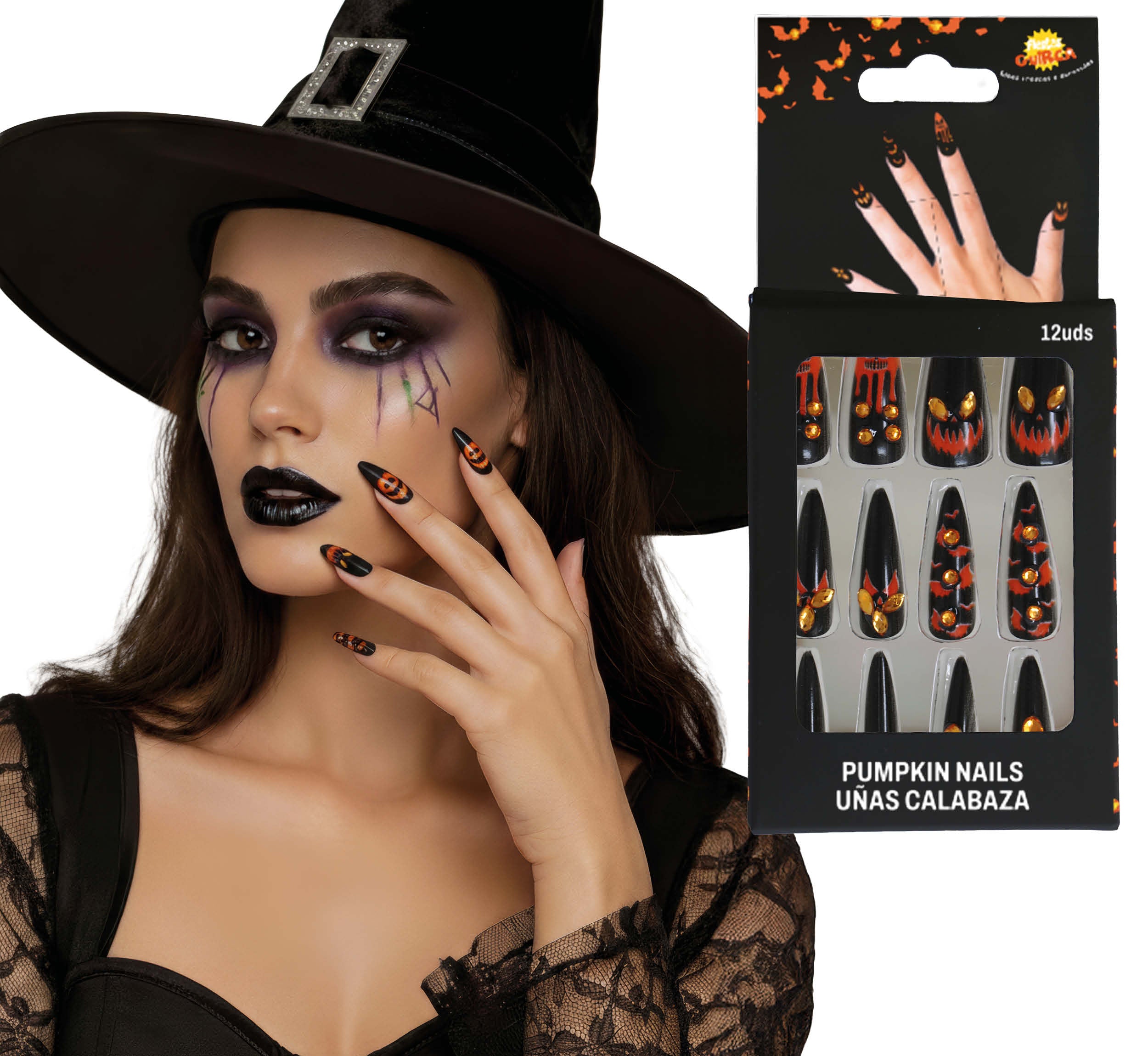 12 PUMPKIN NAILS WITH GLUE AND JEWELS