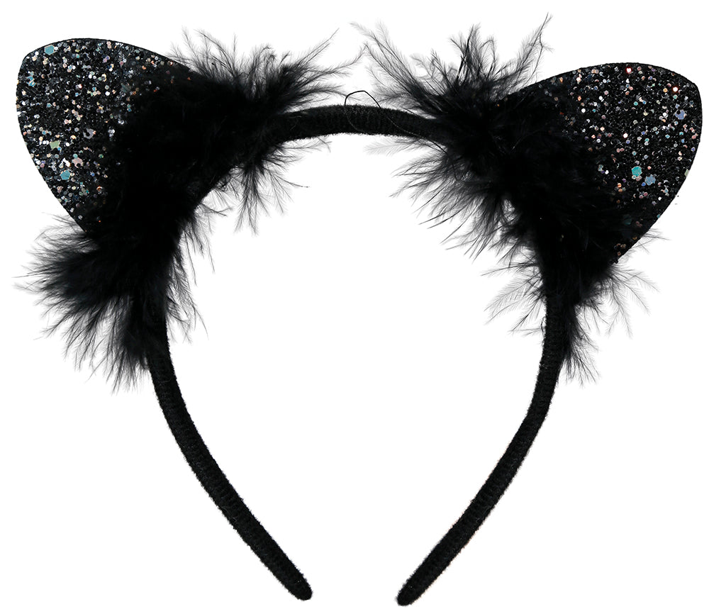 GLITTER CAT EARS MARABOU HEADBAND, ADULTS