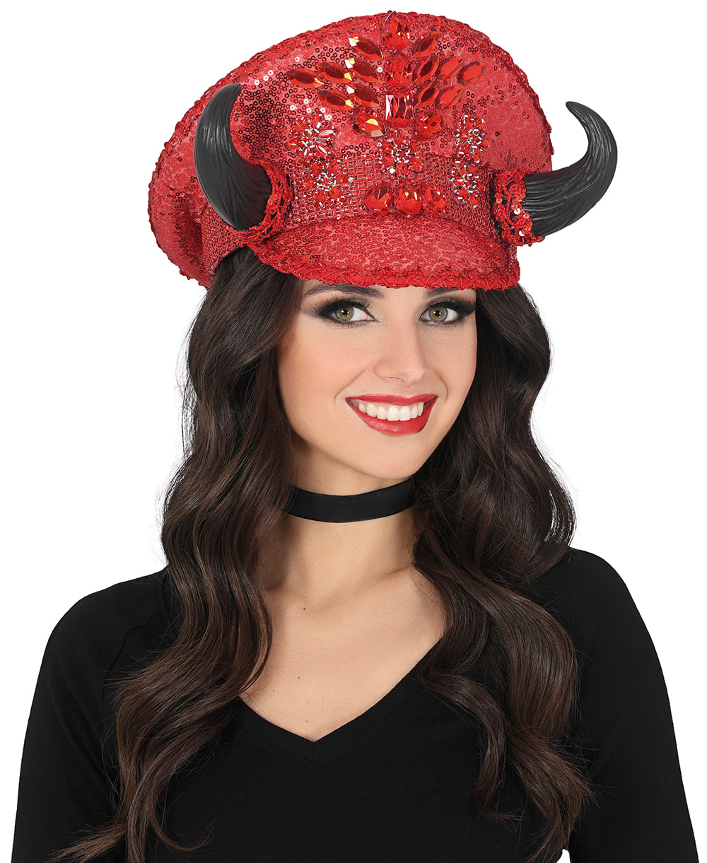 POLICE RED HAT WITH HORNS, ADULT
