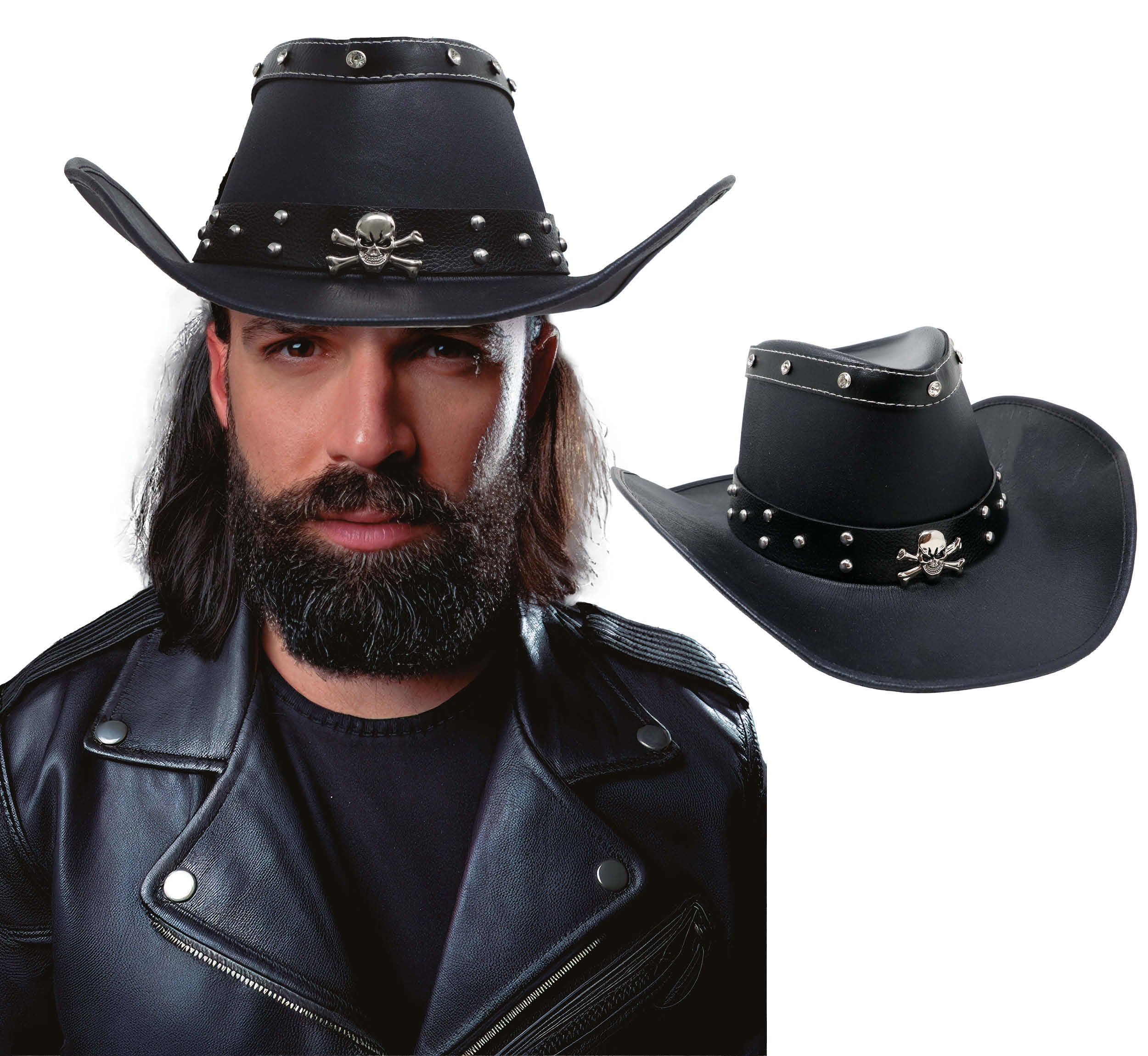 BLACK FAUX LEATHER SKULL HAT, ADULT