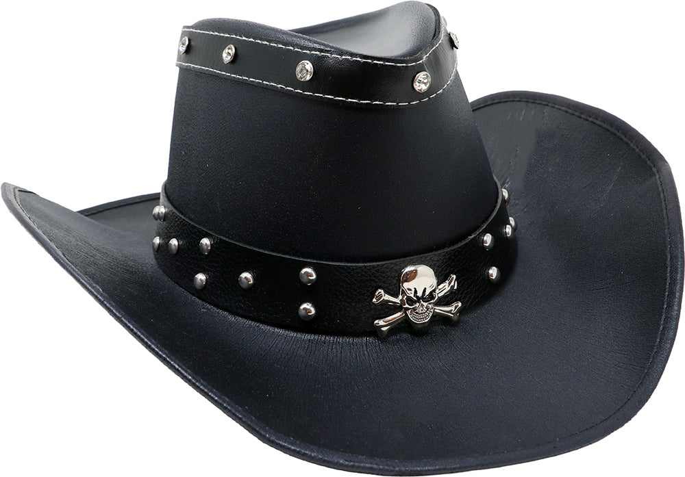BLACK FAUX LEATHER SKULL HAT, ADULT