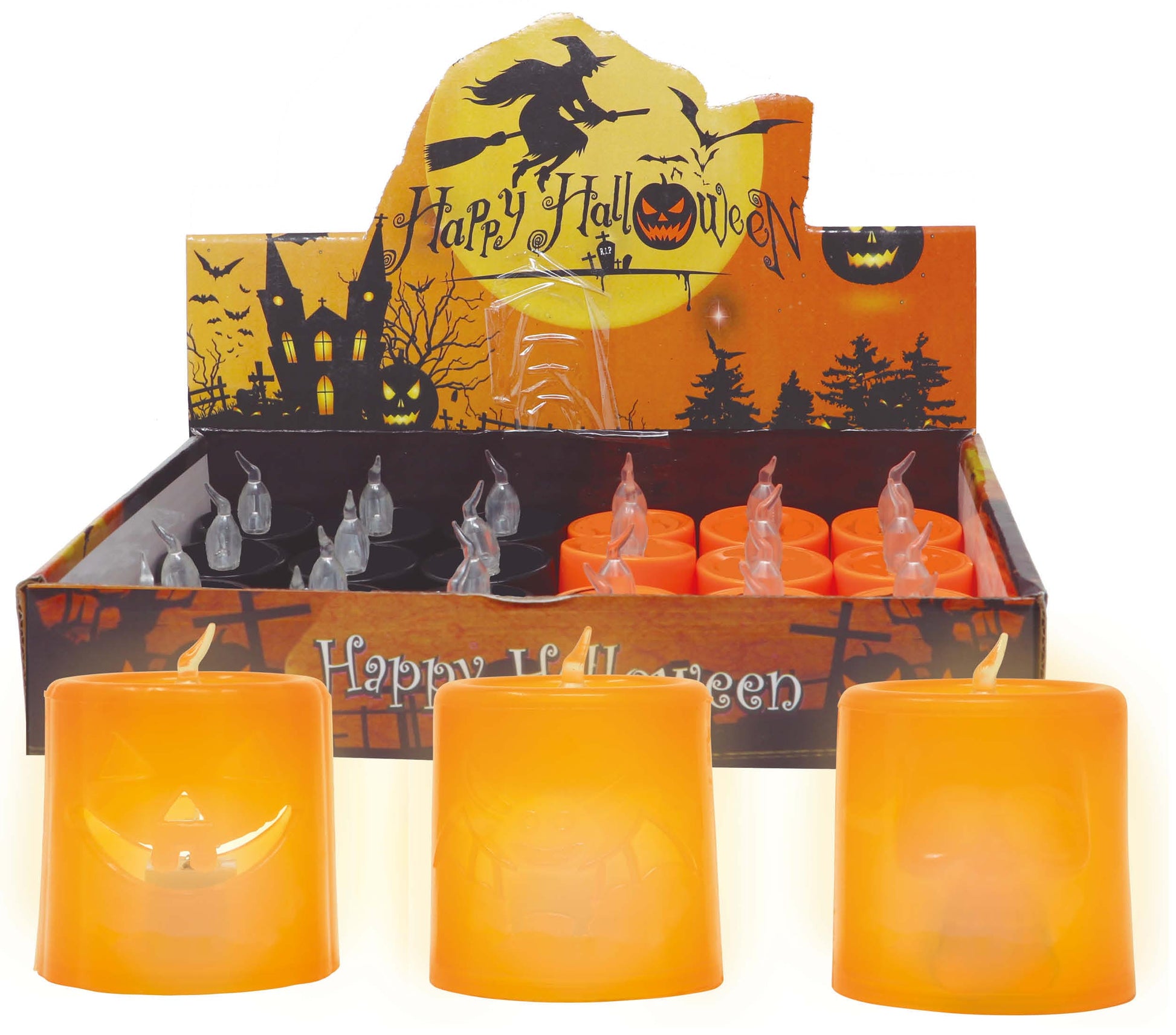 BOX 12 CANDLES ORANGE AND BLACK W/LIGHT,4.5X4.5CMS