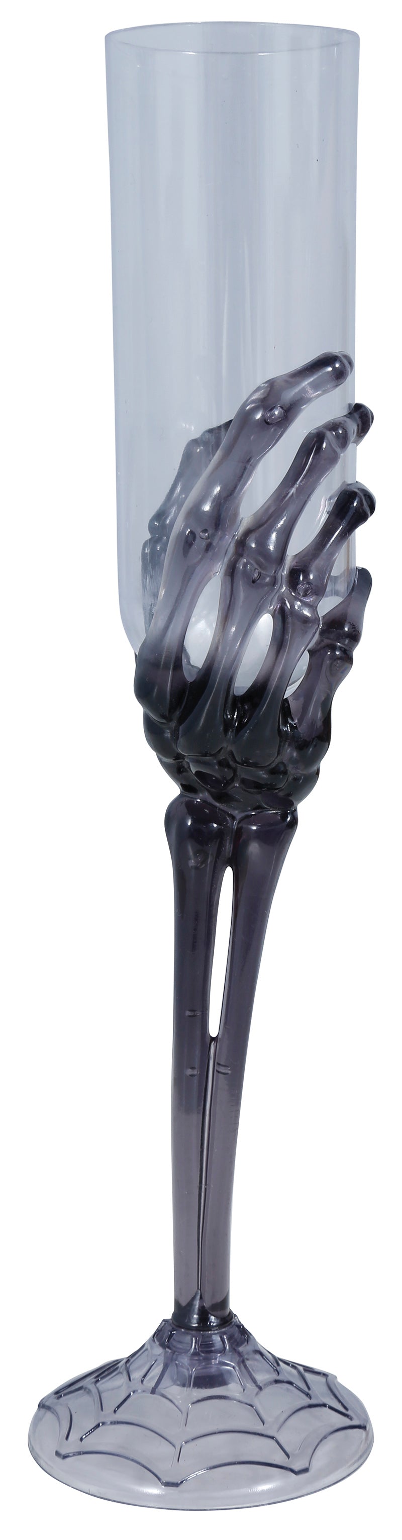 TRANSP. CHAMPAGNE GLASS, BLACK SKELETON HAND 25 CM