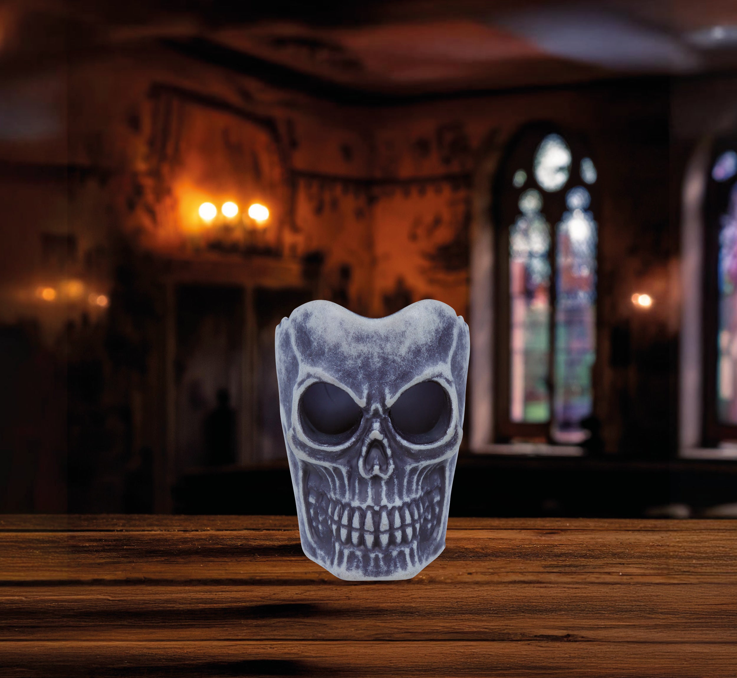 BOX OF 12 SKULL WITH LED CANDLE, 6 CMS.