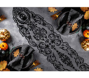 DECOR.BLACK LACE TABLE, SKULLS 180X35 CM