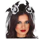 DIADEM WITH BLACK AND WHITE FLOWERS WITH VEIL