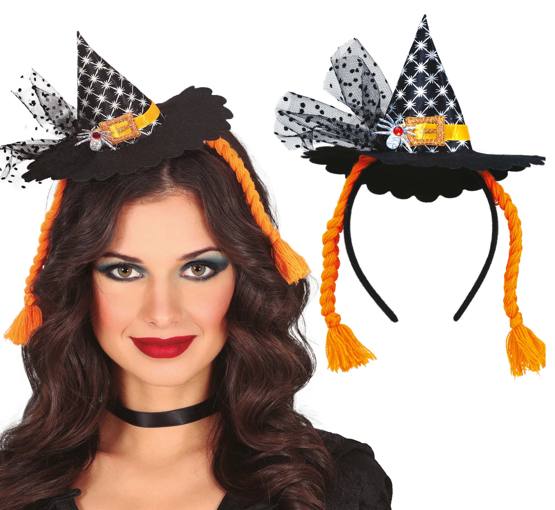 MINI HAT WITCH HEADBAND WITH ORANGE BRAIDS