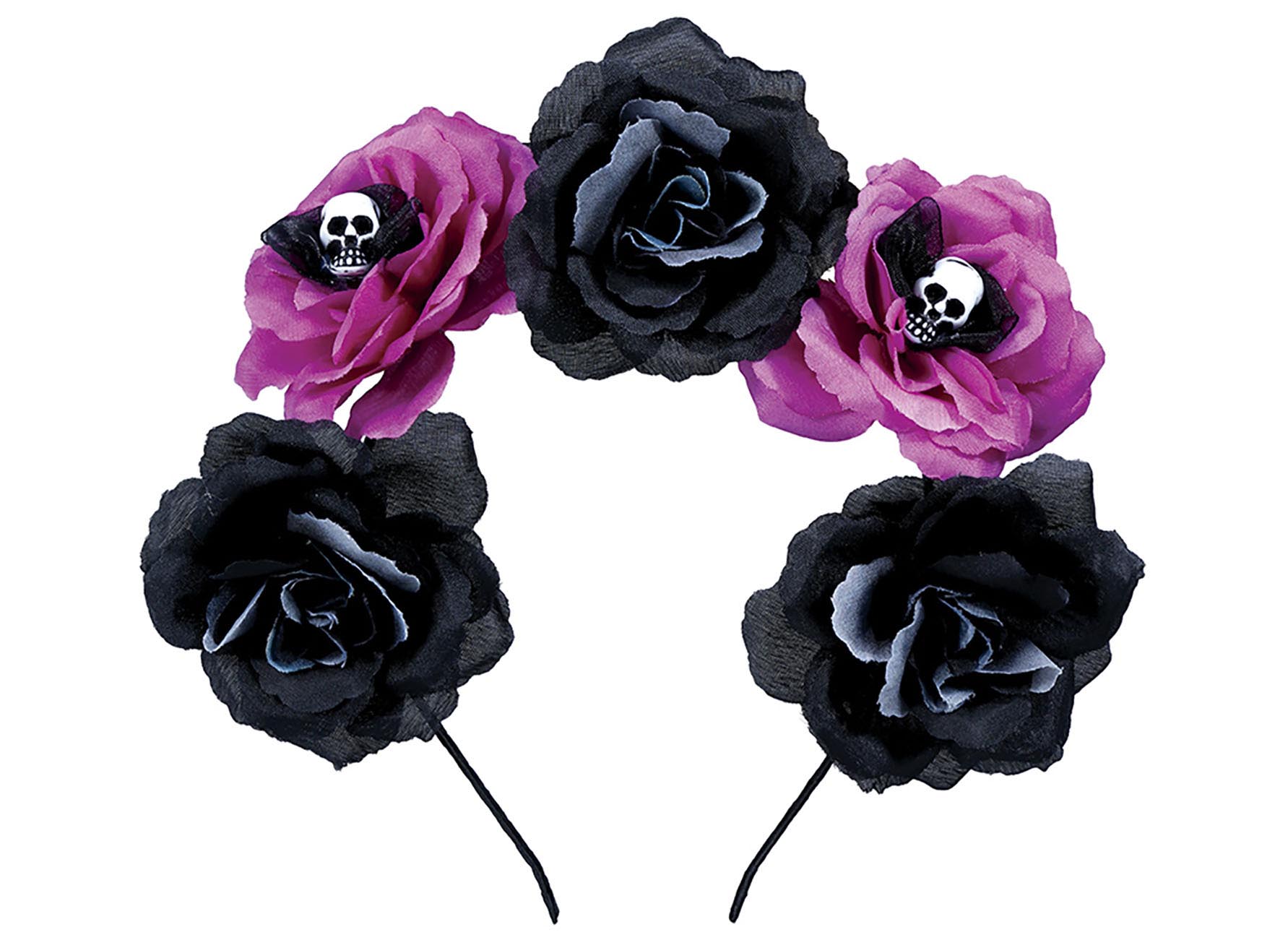 DAY OF THE DEAD HEADBAND WITH BLACK AND PINK FLOWE