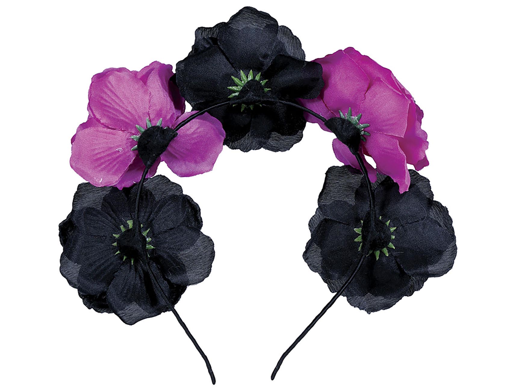 DAY OF THE DEAD HEADBAND WITH BLACK AND PINK FLOWE