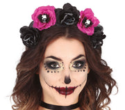 DAY OF THE DEAD HEADBAND WITH BLACK AND PINK FLOWE