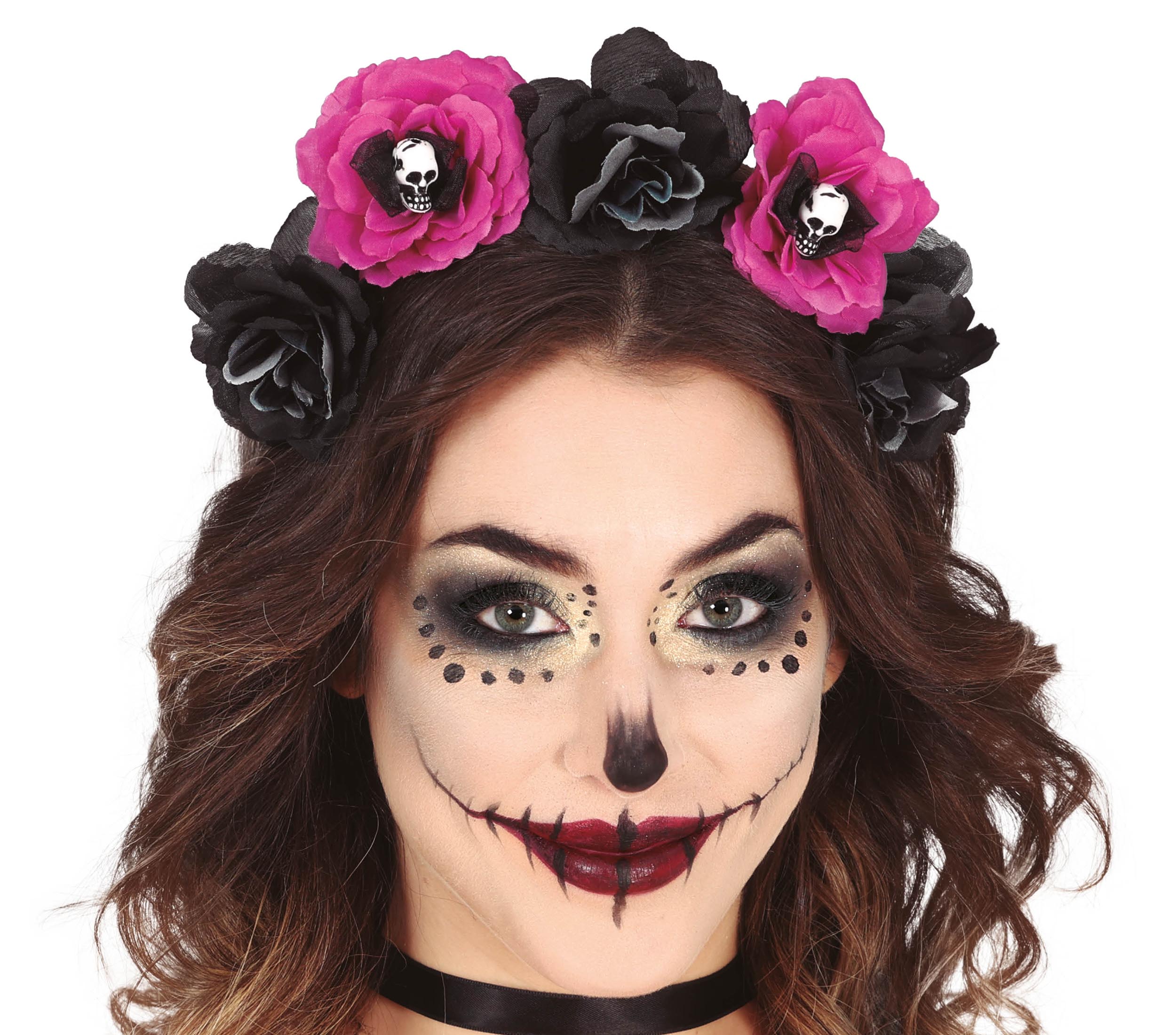 DAY OF THE DEAD HEADBAND WITH BLACK AND PINK FLOWE