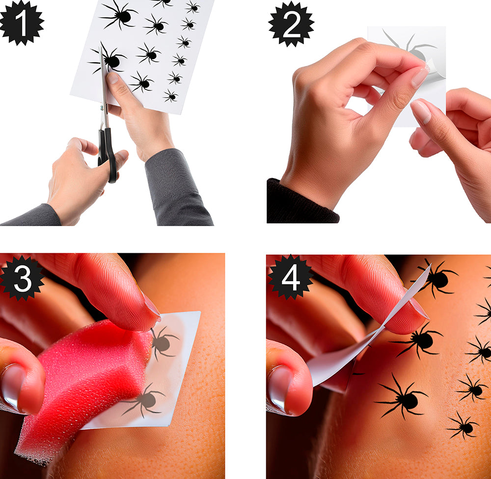 2 SHEETS OF 16 ADHESIVE SPIDERS, TATTOS, 15X11 CMS