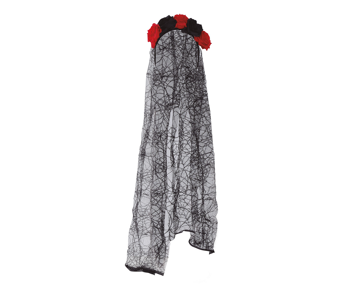BLACK AND RED FLOWERS WITH VEIL TIARA, 95 CM