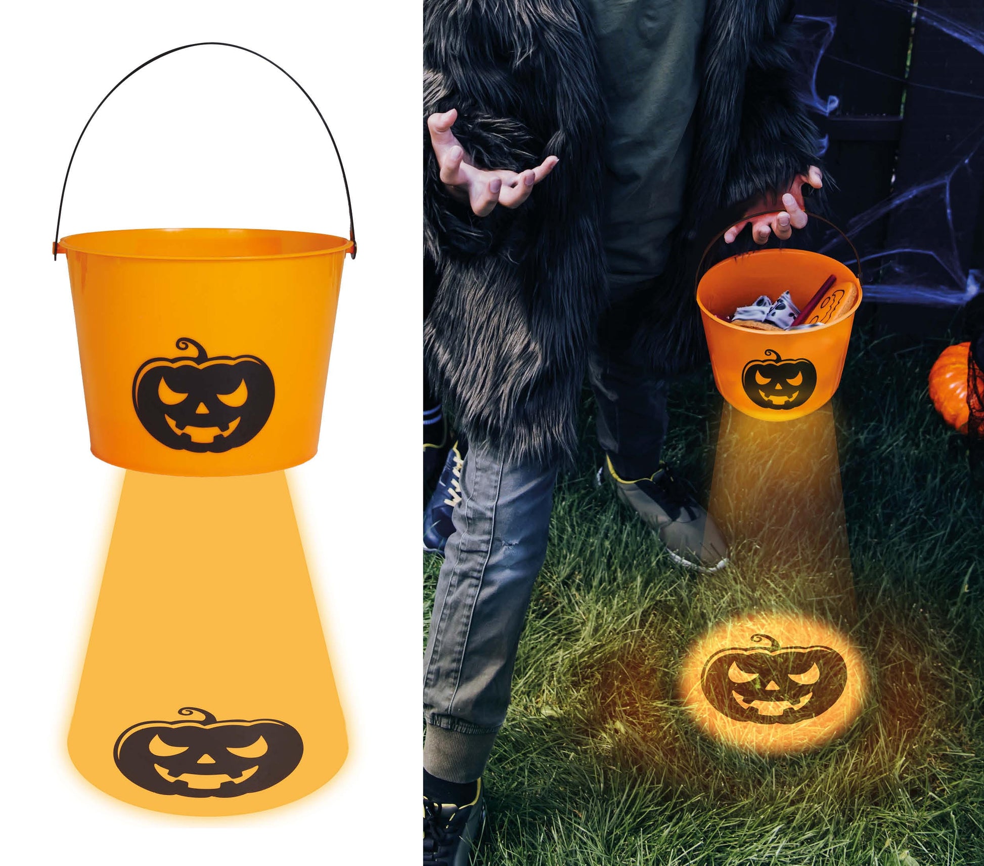 CANDY BUCKET WITH LIGHT UNDERNEATH, ORANGE, 15CM