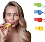 4 ASSORTED WHISTLES WITH STRING