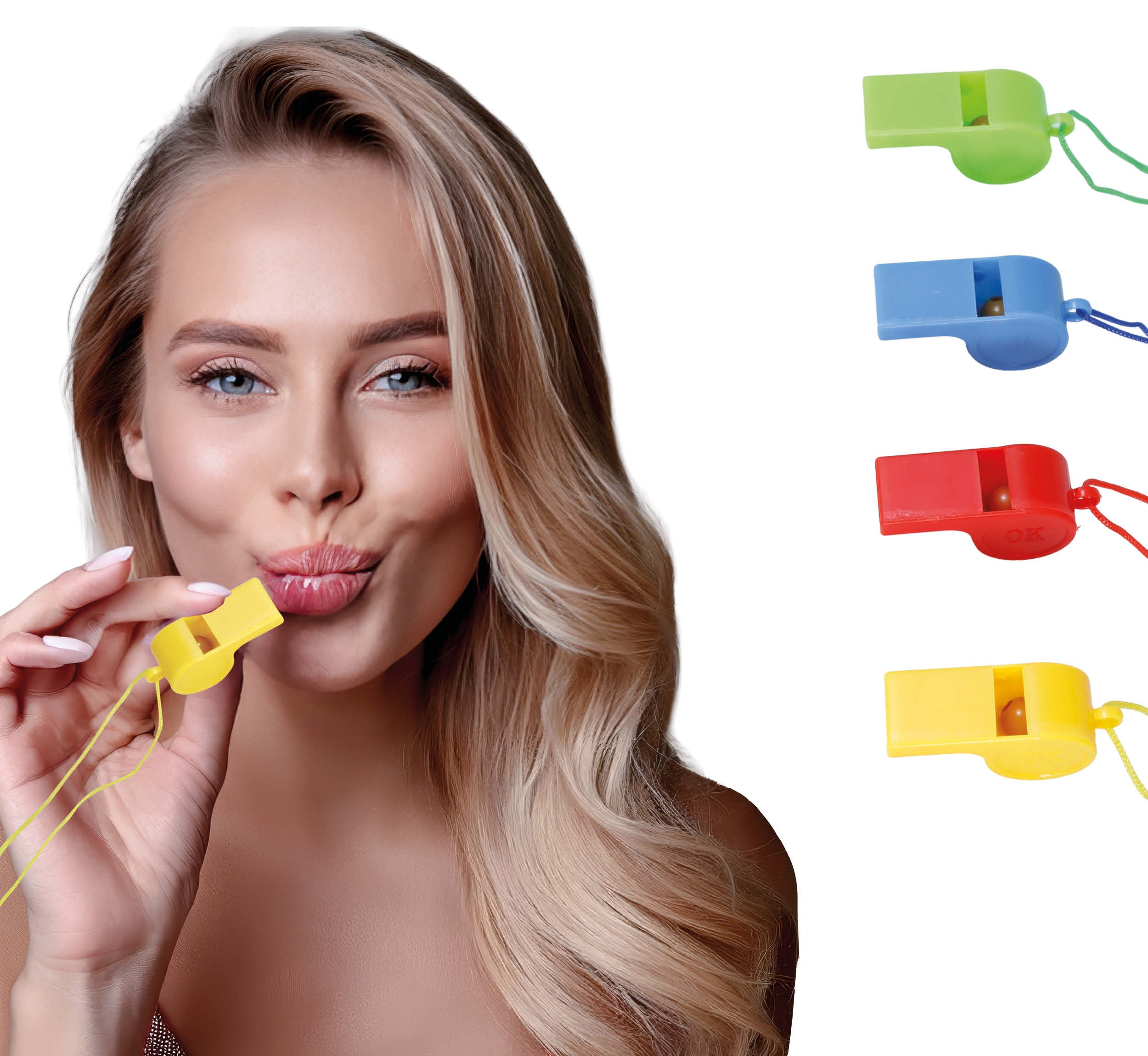 4 ASSORTED WHISTLES WITH STRING