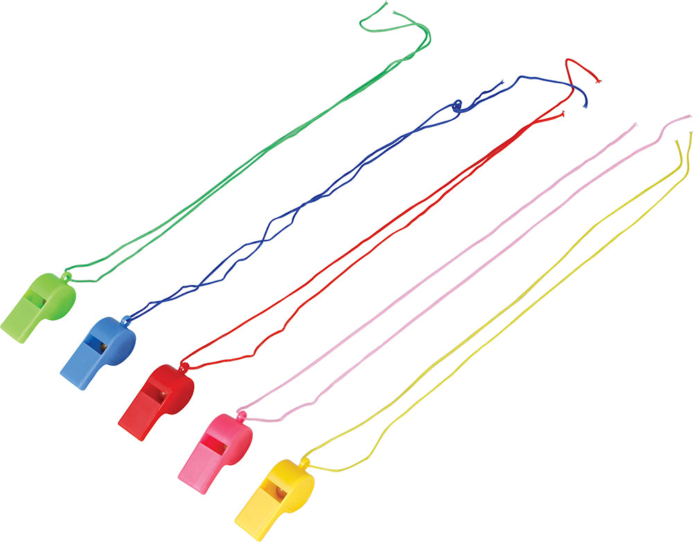 4 ASSORTED WHISTLES WITH STRING